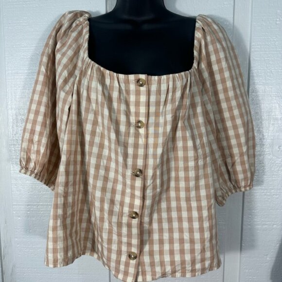 Faherty Cali Check Puff Sleeve Beige Gingham Organic Cotton Top Size Medium NWT - Picture 4 of 9
